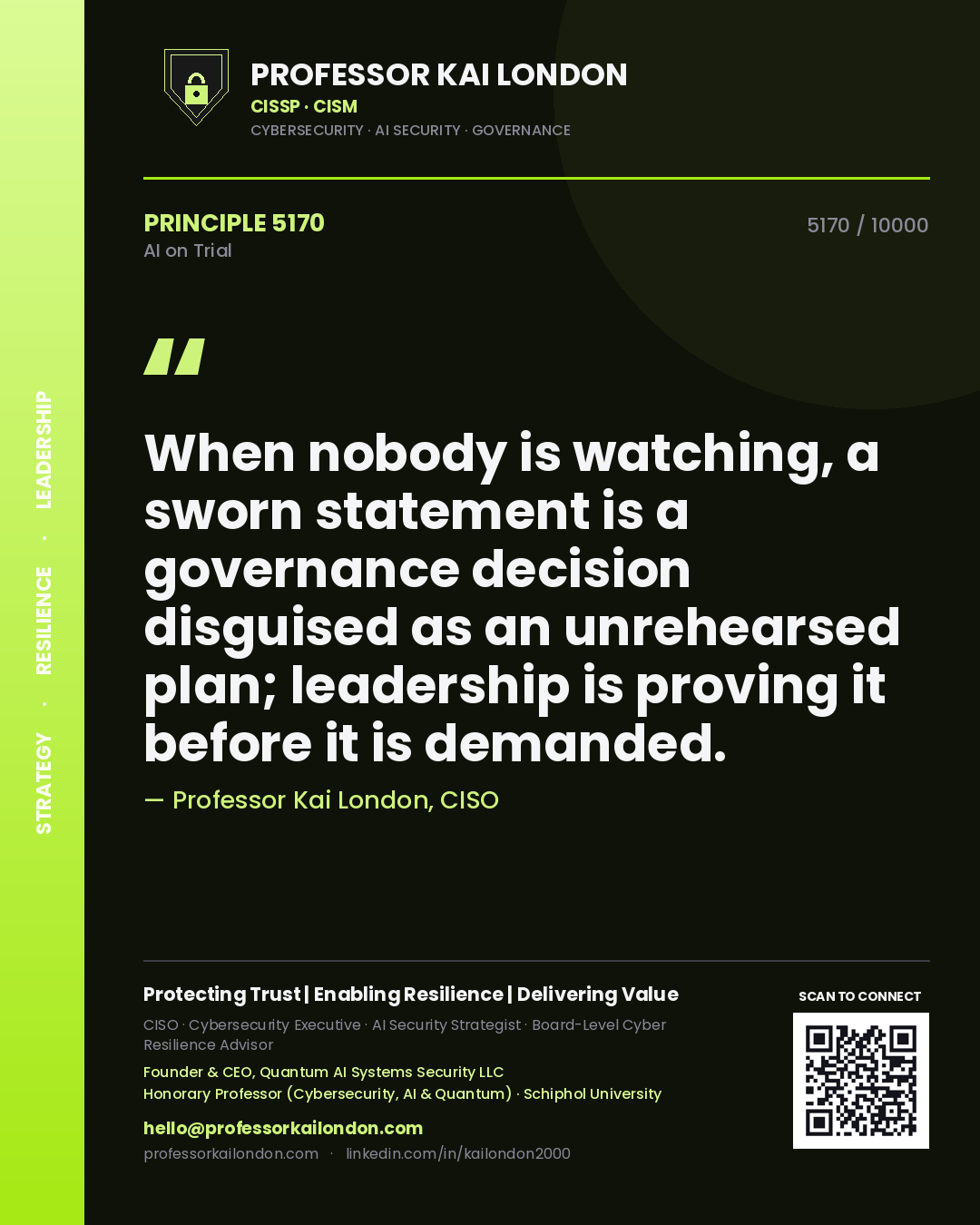 Professor Kai London principle 5170: When nobody is watching, a sworn statement is a governance decision disguised as an unrehearsed plan; leadership is proving it before it is demanded.