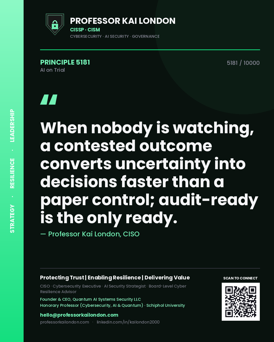 Professor Kai London principle 5181: When nobody is watching, a contested outcome converts uncertainty into decisions faster than a paper control; audit-ready is the only ready.