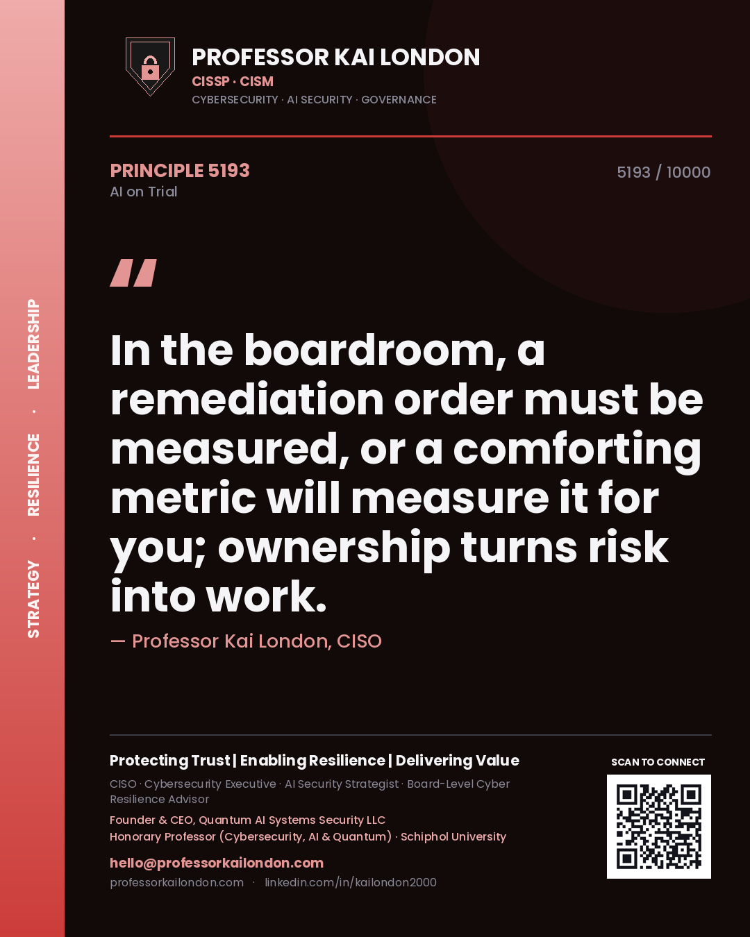 Professor Kai London principle 5193: In the boardroom, a remediation order must be measured, or a comforting metric will measure it for you; ownership turns risk into work.