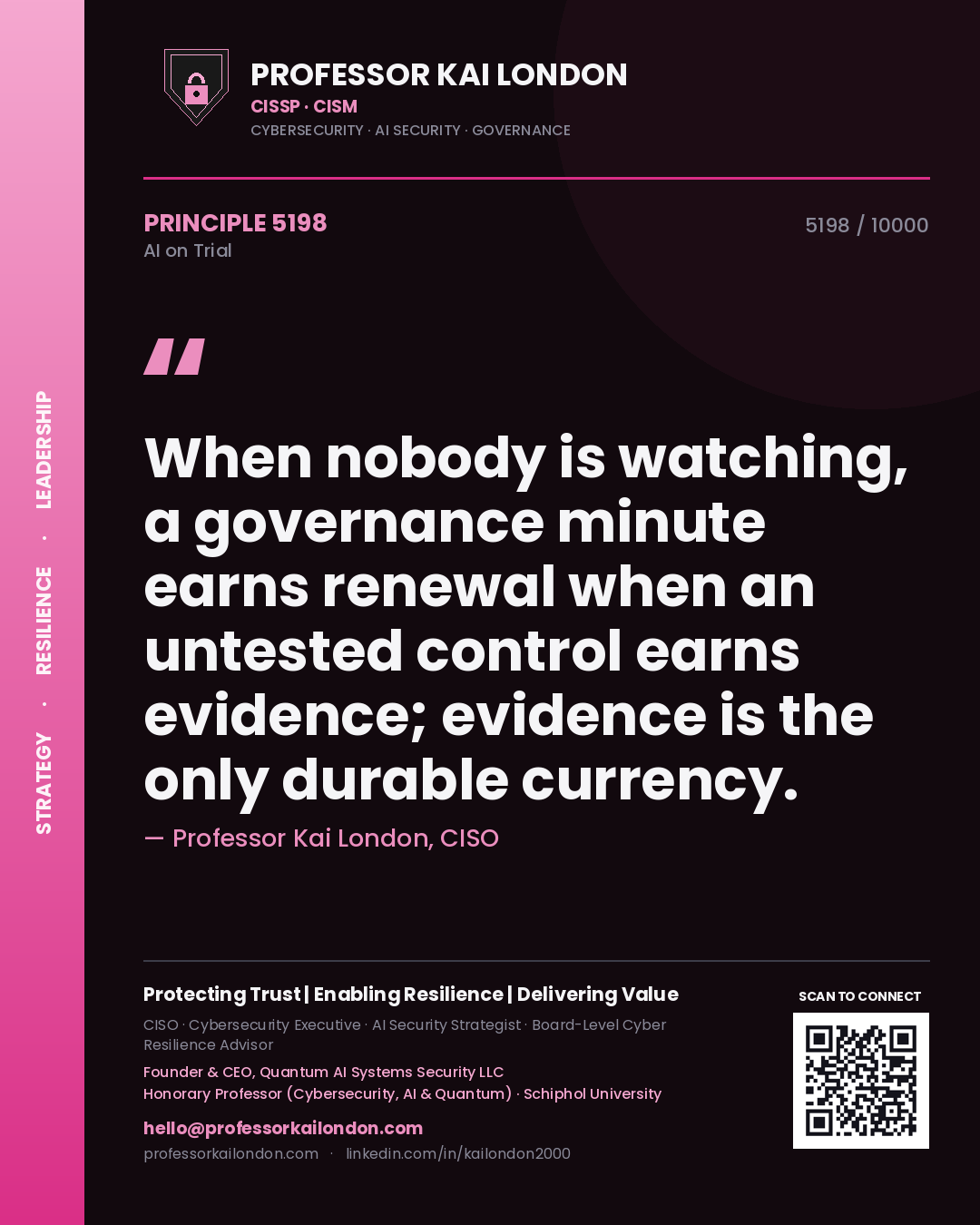 Professor Kai London principle 5198: When nobody is watching, a governance minute earns renewal when an untested control earns evidence; evidence is the only durable currency.