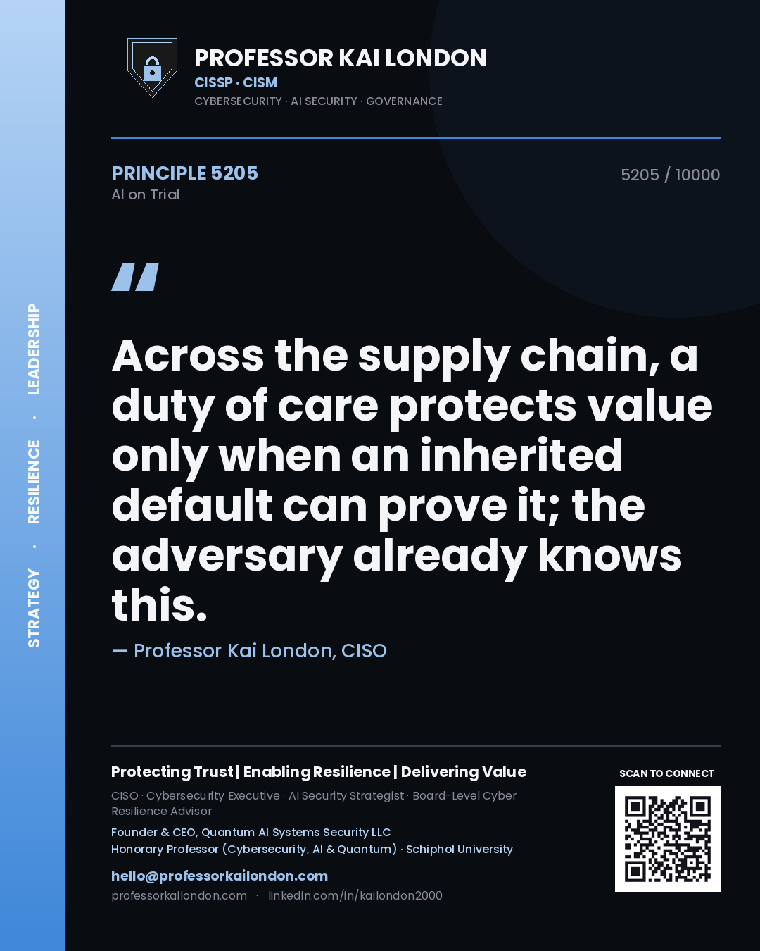 Professor Kai London principle 5205: Across the supply chain, a duty of care protects value only when an inherited default can prove it; the adversary already knows this.