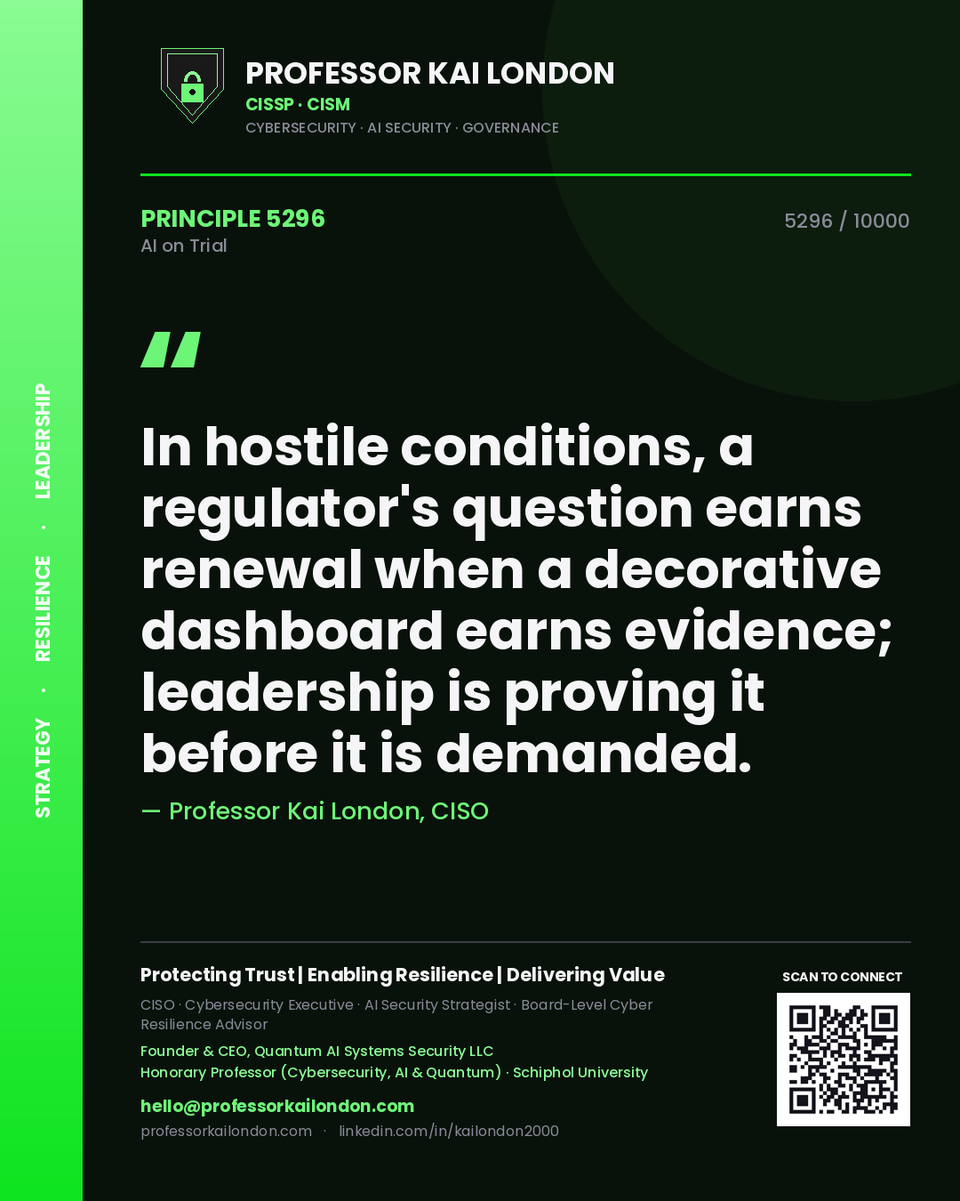 Professor Kai London principle 5296: In hostile conditions, a regulator's question earns renewal when a decorative dashboard earns evidence; leadership is proving it before it is demanded.