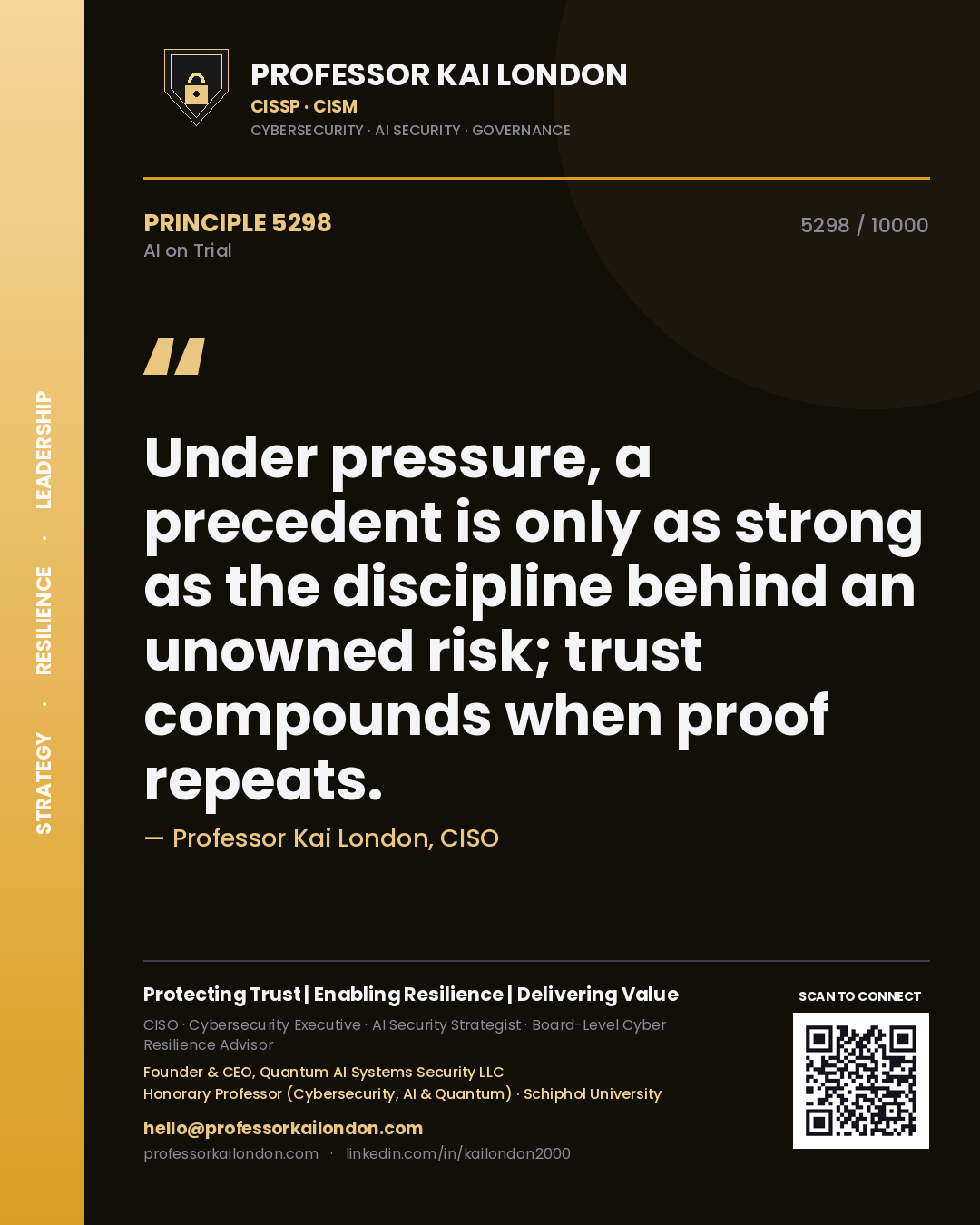 Professor Kai London principle 5298: Under pressure, a precedent is only as strong as the discipline behind an unowned risk; trust compounds when proof repeats.