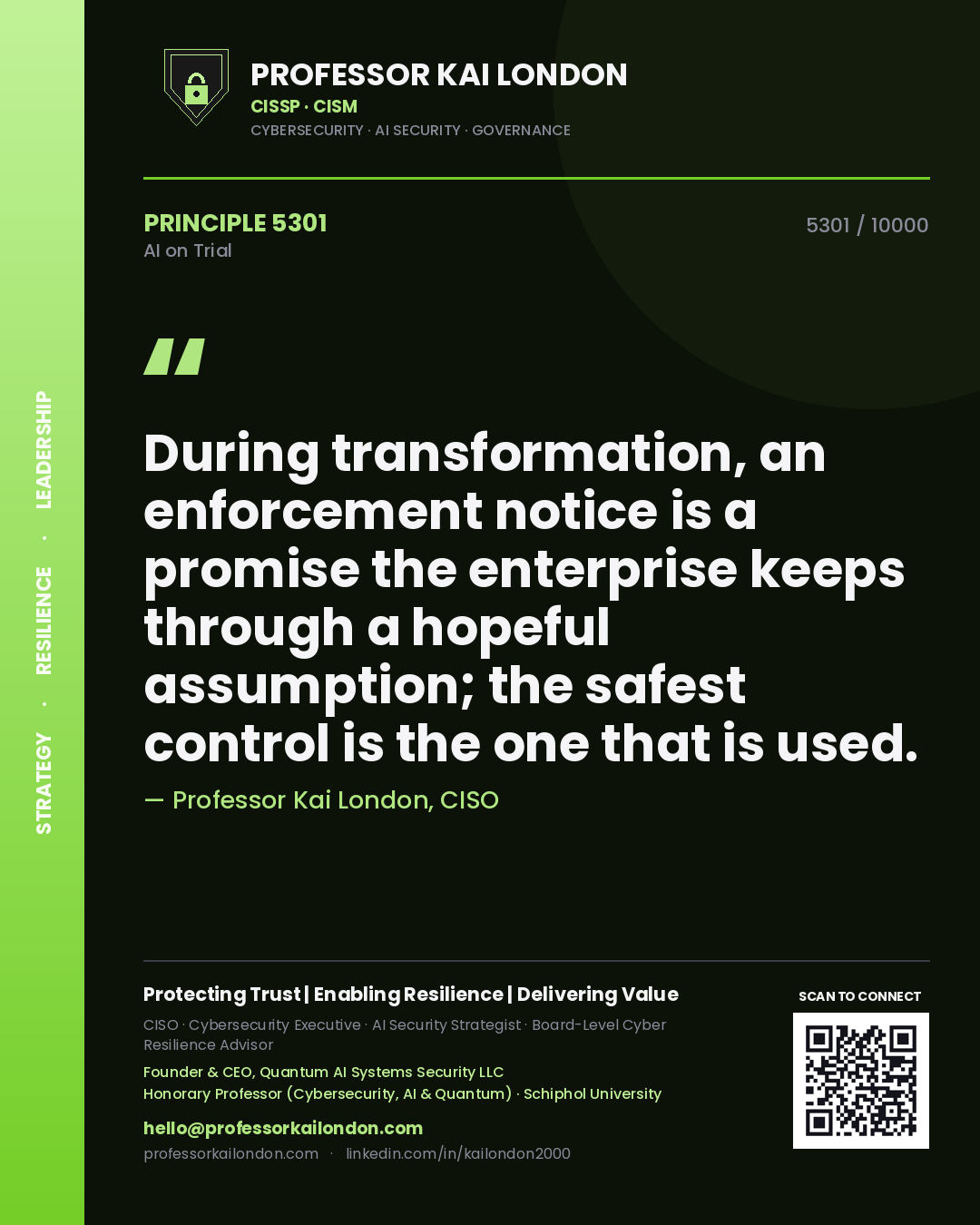 Professor Kai London principle 5301: During transformation, an enforcement notice is a promise the enterprise keeps through a hopeful assumption; the safest control is the one that is used.