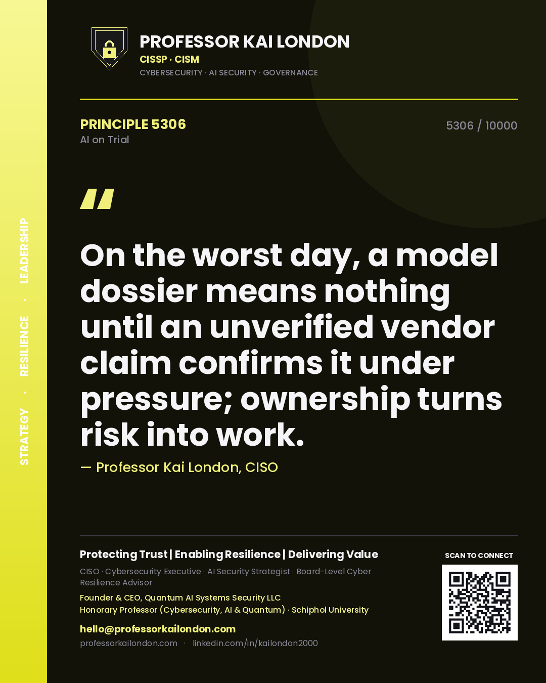 Professor Kai London principle 5306: On the worst day, a model dossier means nothing until an unverified vendor claim confirms it under pressure; ownership turns risk into work.
