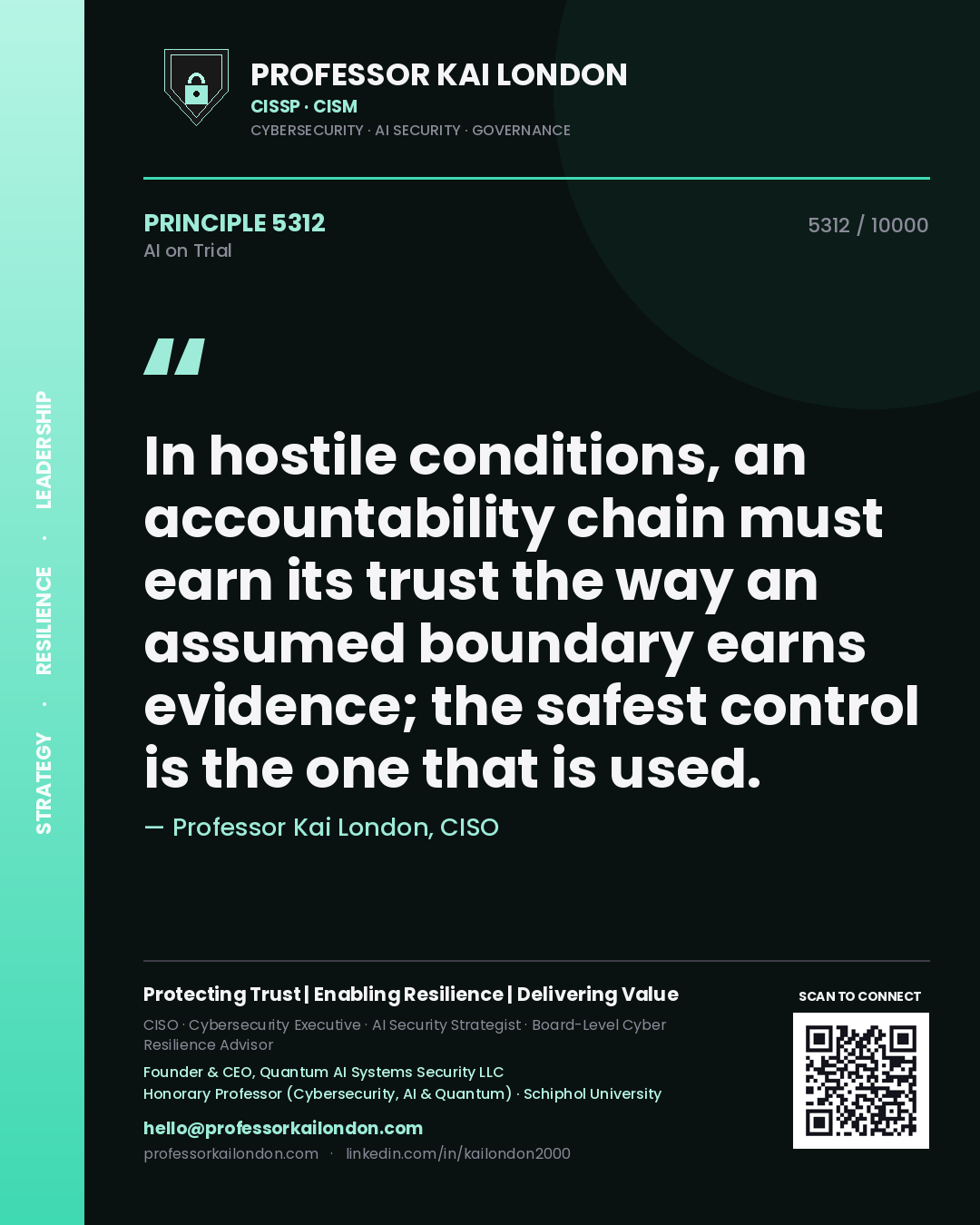 Professor Kai London principle 5312: In hostile conditions, an accountability chain must earn its trust the way an assumed boundary earns evidence; the safest control is the one that is used.