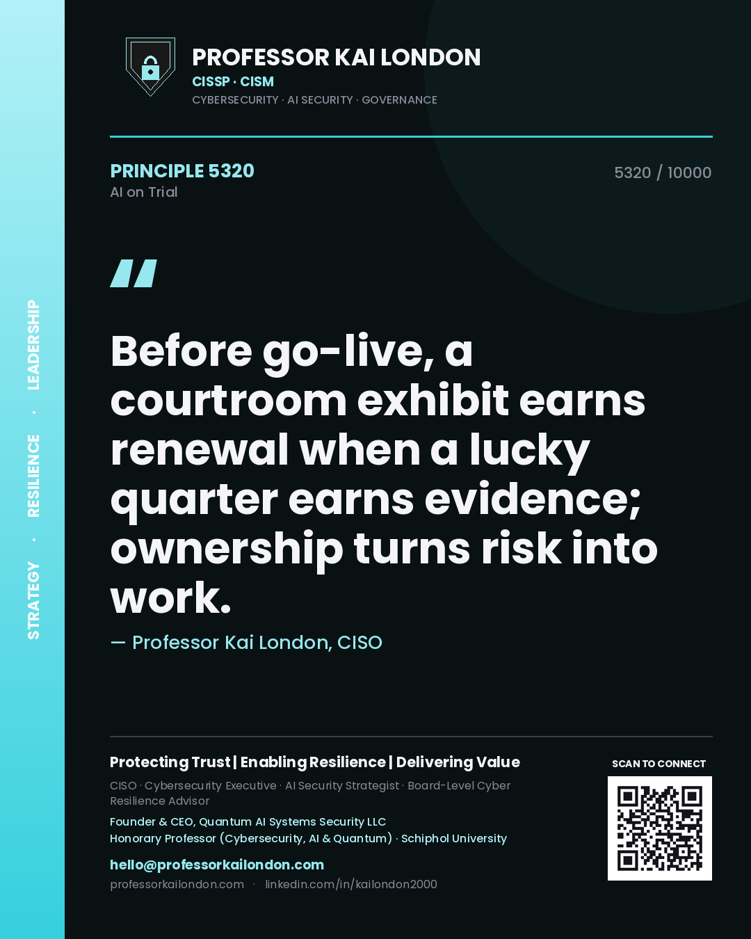 Professor Kai London principle 5320: Before go-live, a courtroom exhibit earns renewal when a lucky quarter earns evidence; ownership turns risk into work.