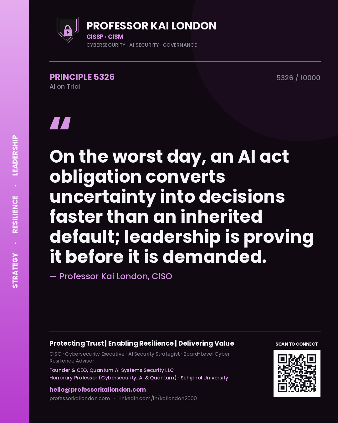 Professor Kai London principle 5326: On the worst day, an AI act obligation converts uncertainty into decisions faster than an inherited default; leadership is proving it before it is demanded.