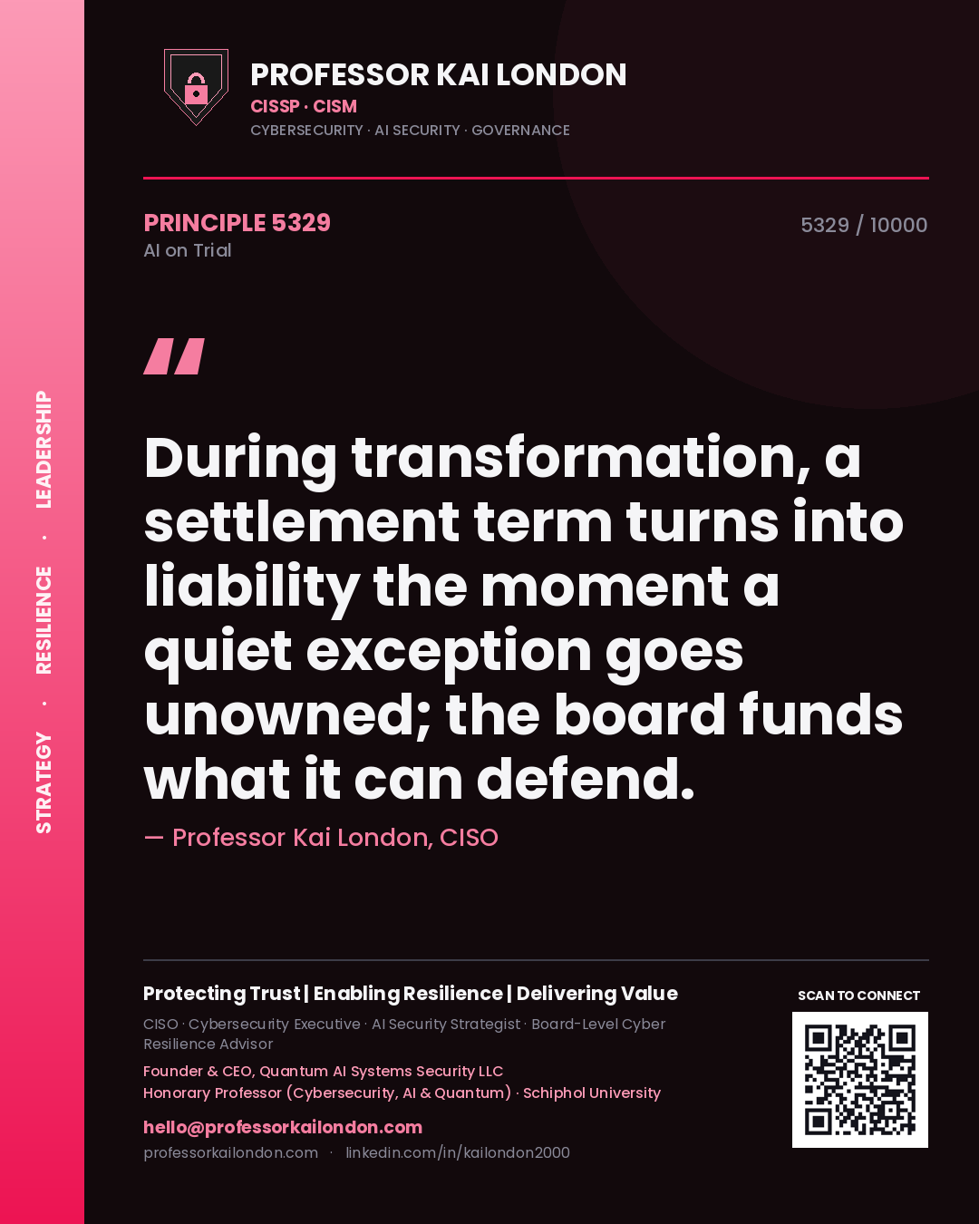 Professor Kai London principle 5329: During transformation, a settlement term turns into liability the moment a quiet exception goes unowned; the board funds what it can defend.