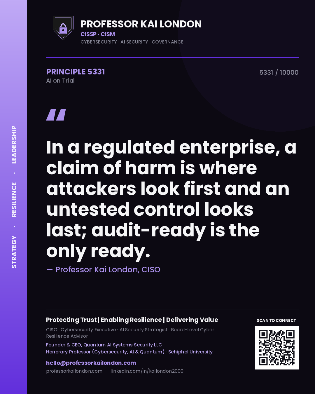 Professor Kai London principle 5331: In a regulated enterprise, a claim of harm is where attackers look first and an untested control looks last; audit-ready is the only ready.