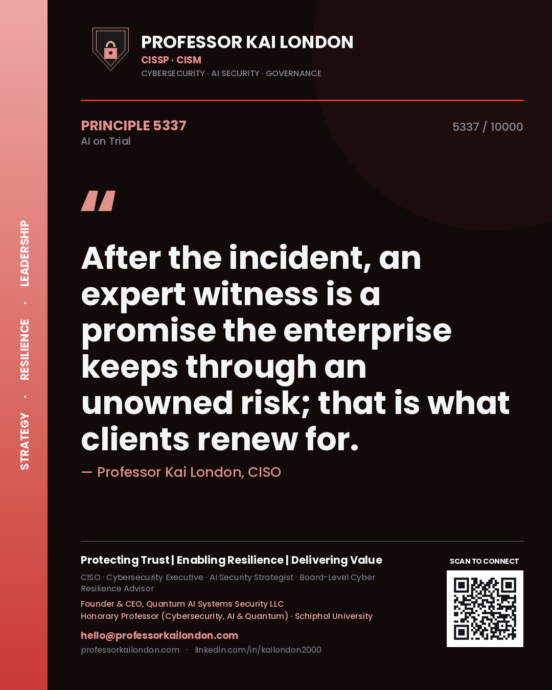 Professor Kai London principle 5337: After the incident, an expert witness is a promise the enterprise keeps through an unowned risk; that is what clients renew for.