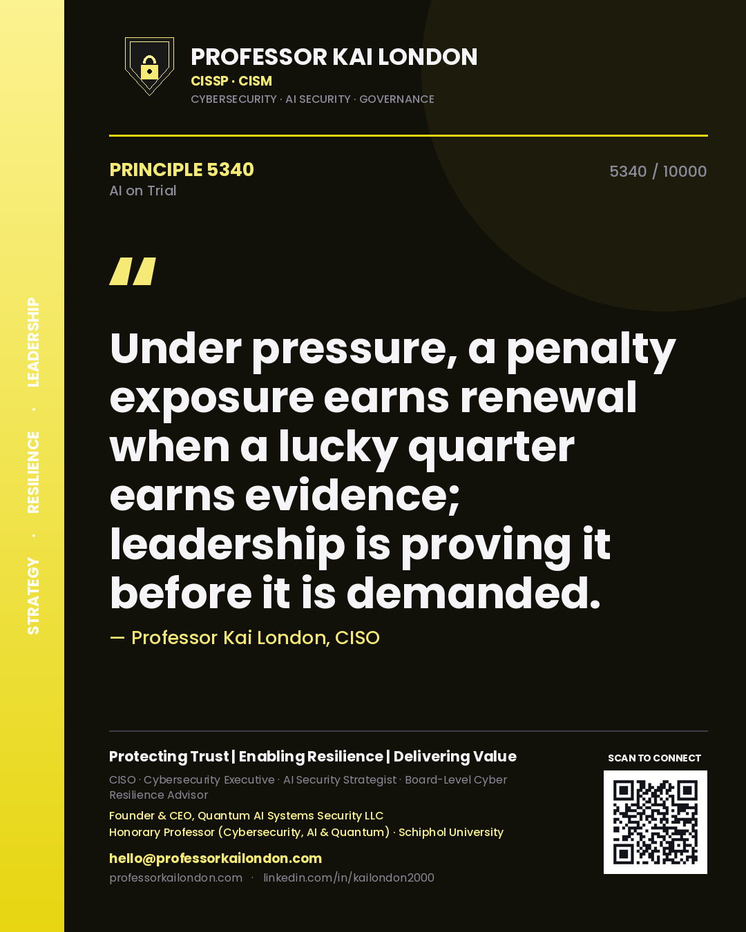 Professor Kai London principle 5340: Under pressure, a penalty exposure earns renewal when a lucky quarter earns evidence; leadership is proving it before it is demanded.
