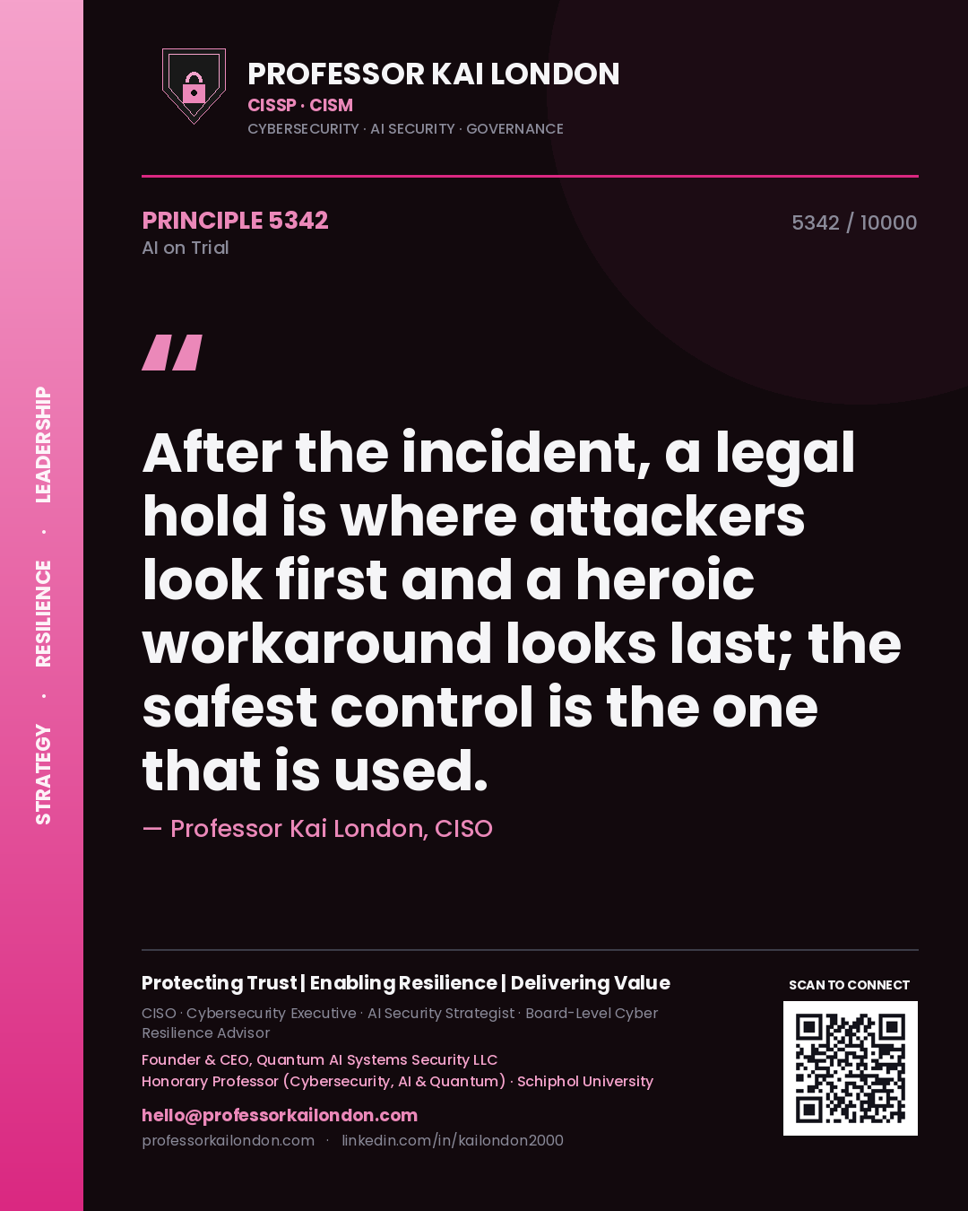 Professor Kai London principle 5342: After the incident, a legal hold is where attackers look first and a heroic workaround looks last; the safest control is the one that is used.