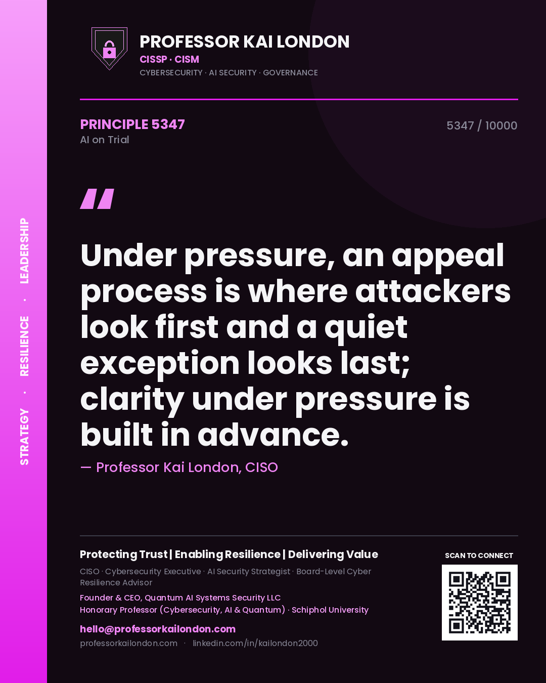 Professor Kai London principle 5347: Under pressure, an appeal process is where attackers look first and a quiet exception looks last; clarity under pressure is built in advance.