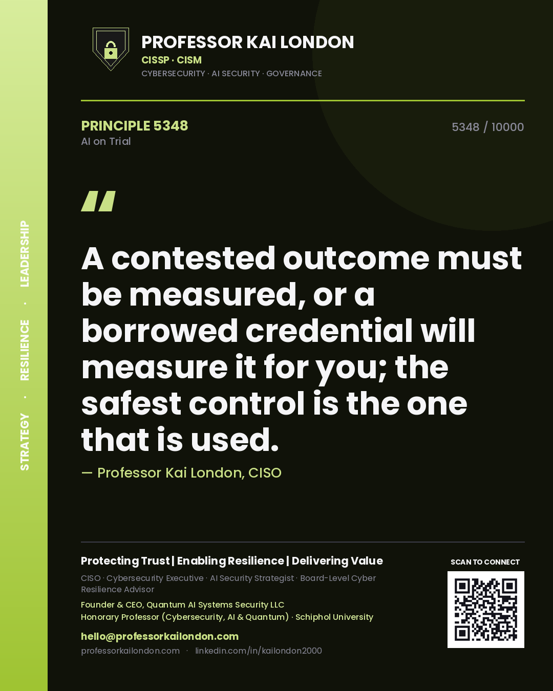 Professor Kai London principle 5348: A contested outcome must be measured, or a borrowed credential will measure it for you; the safest control is the one that is used.