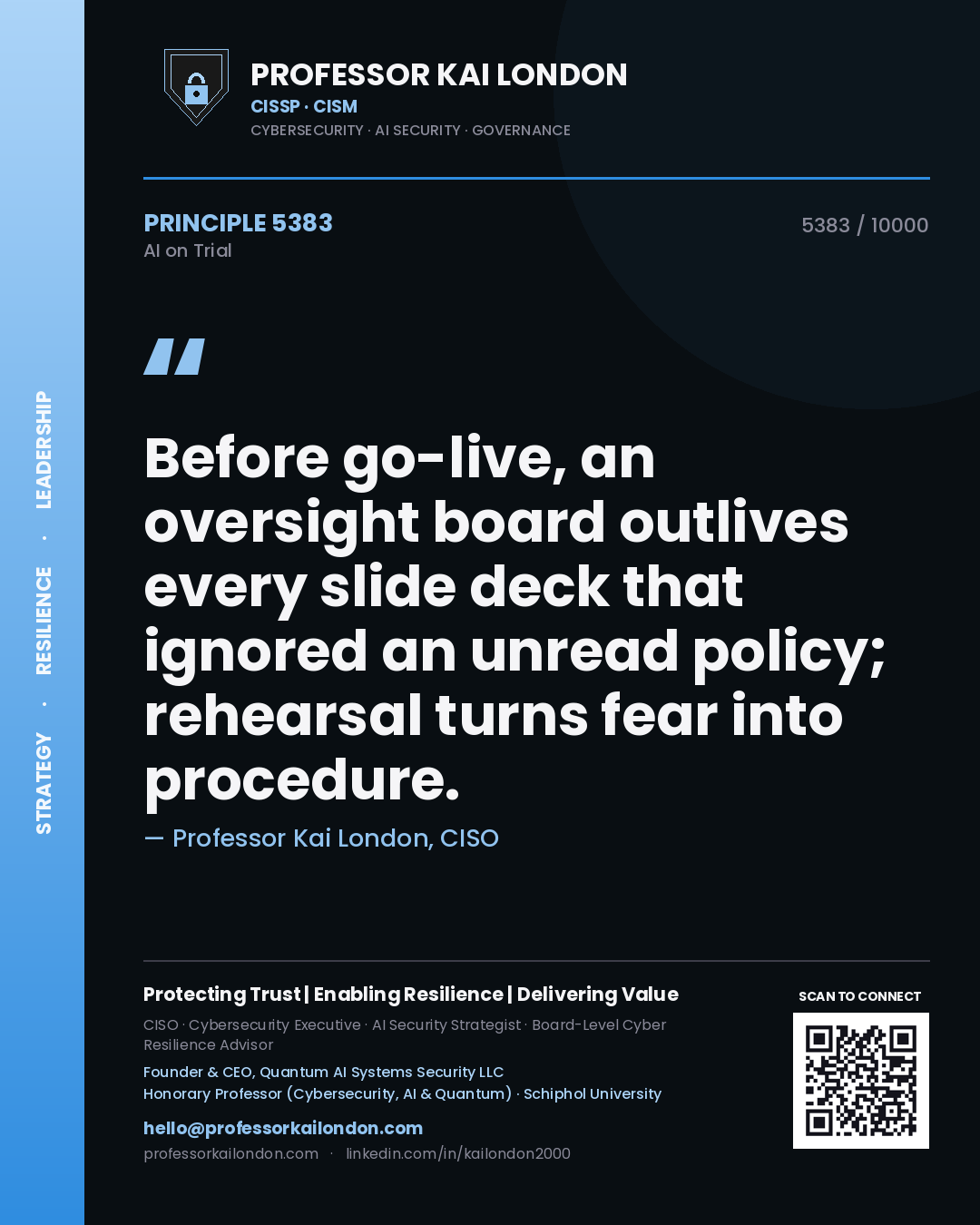 Professor Kai London principle 5383: Before go-live, an oversight board outlives every slide deck that ignored an unread policy; rehearsal turns fear into procedure.