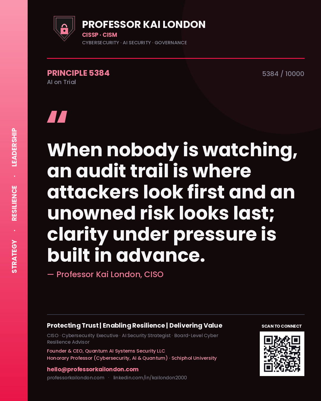 Professor Kai London principle 5384: When nobody is watching, an audit trail is where attackers look first and an unowned risk looks last; clarity under pressure is built in advance.