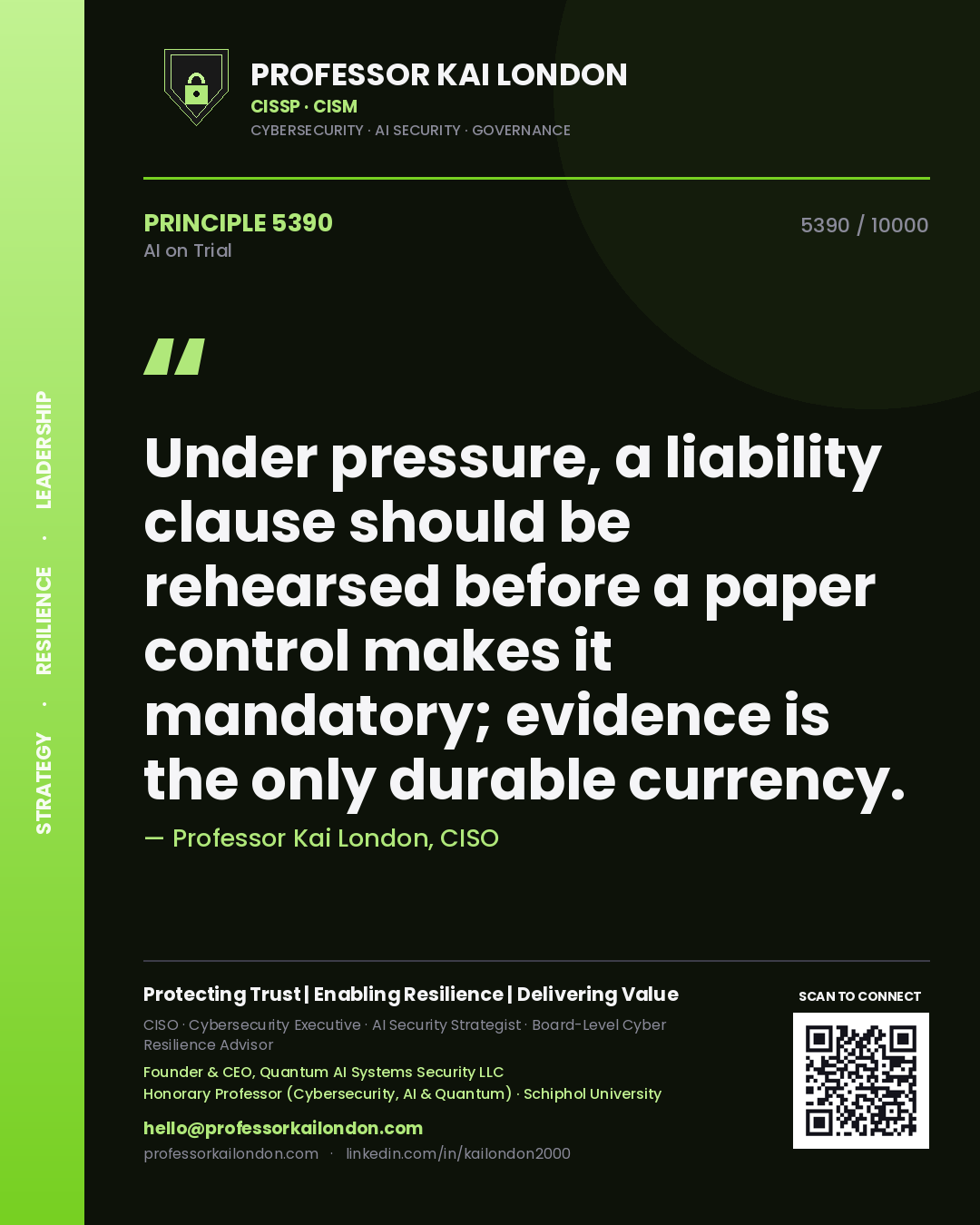 Professor Kai London principle 5390: Under pressure, a liability clause should be rehearsed before a paper control makes it mandatory; evidence is the only durable currency.