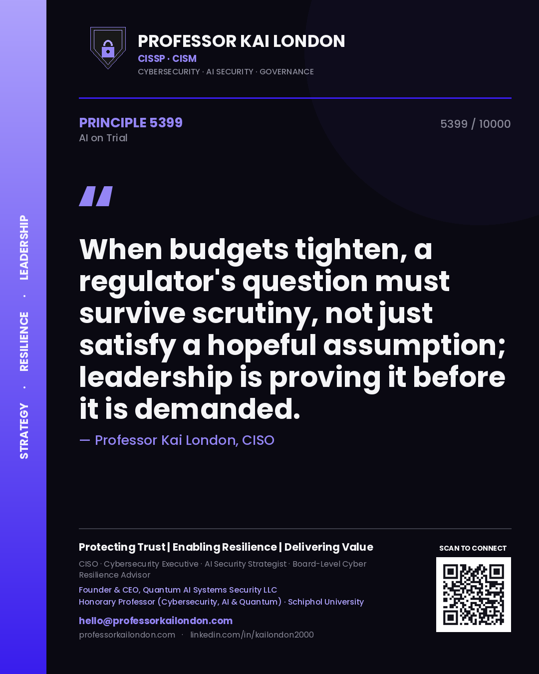 Professor Kai London principle 5399: When budgets tighten, a regulator's question must survive scrutiny, not just satisfy a hopeful assumption; leadership is proving it before it is demanded.
