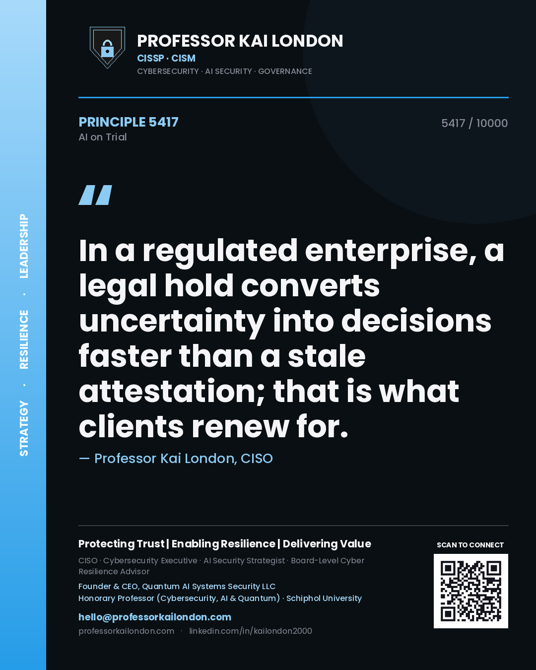 Professor Kai London principle 5417: In a regulated enterprise, a legal hold converts uncertainty into decisions faster than a stale attestation; that is what clients renew for.