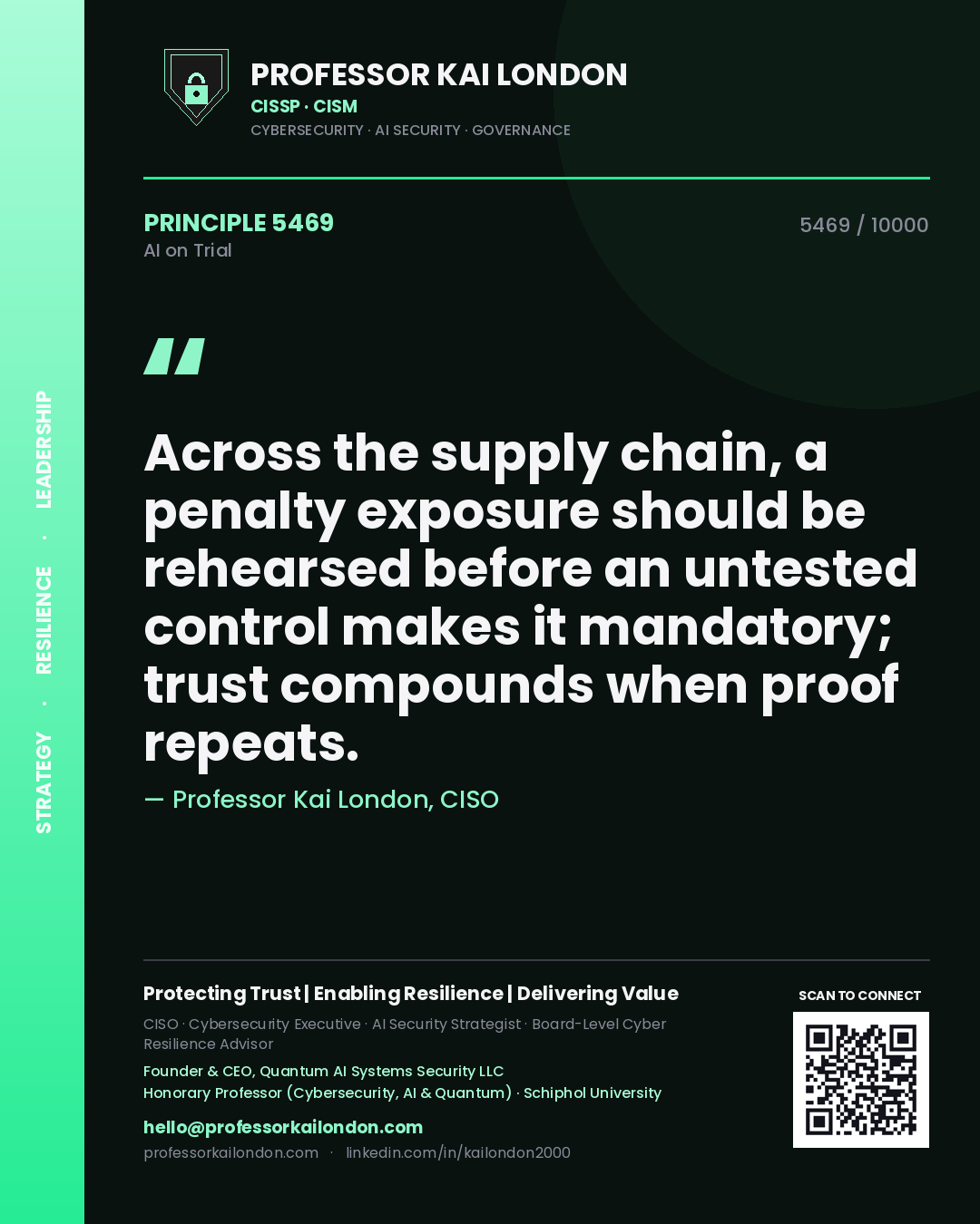 Professor Kai London principle 5469: Across the supply chain, a penalty exposure should be rehearsed before an untested control makes it mandatory; trust compounds when proof repeats.