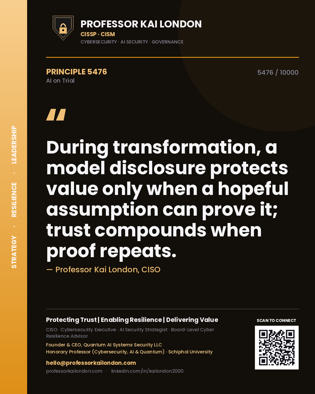Professor Kai London principle 5476: During transformation, a model disclosure protects value only when a hopeful assumption can prove it; trust compounds when proof repeats.