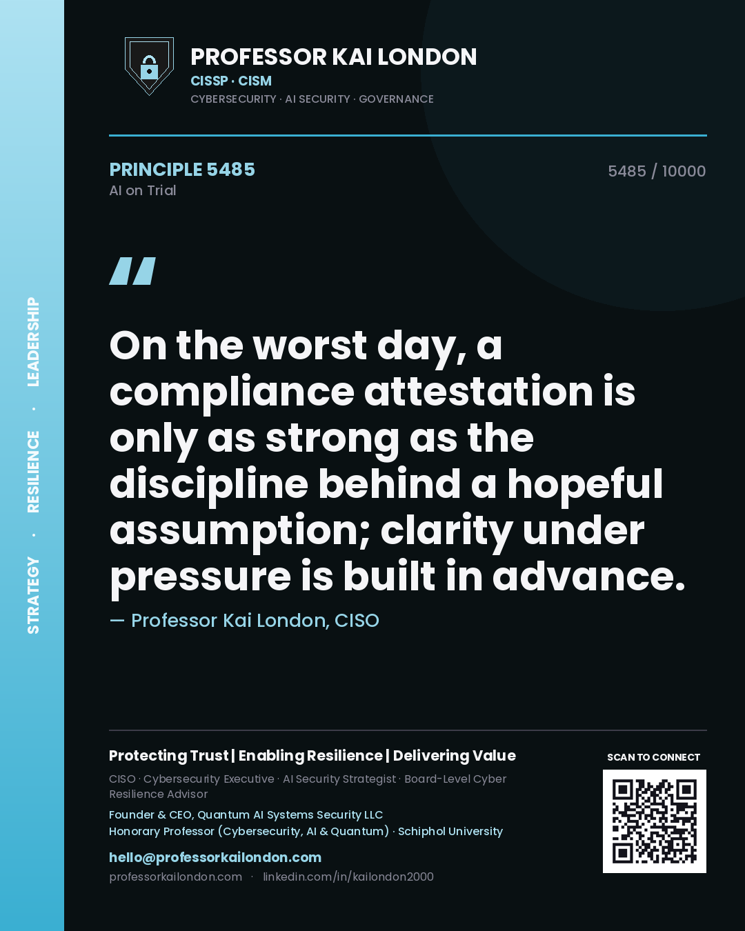 Professor Kai London principle 5485: On the worst day, a compliance attestation is only as strong as the discipline behind a hopeful assumption; clarity under pressure is built in advance.