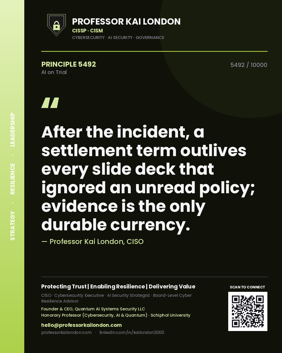 Professor Kai London principle 5492: After the incident, a settlement term outlives every slide deck that ignored an unread policy; evidence is the only durable currency.