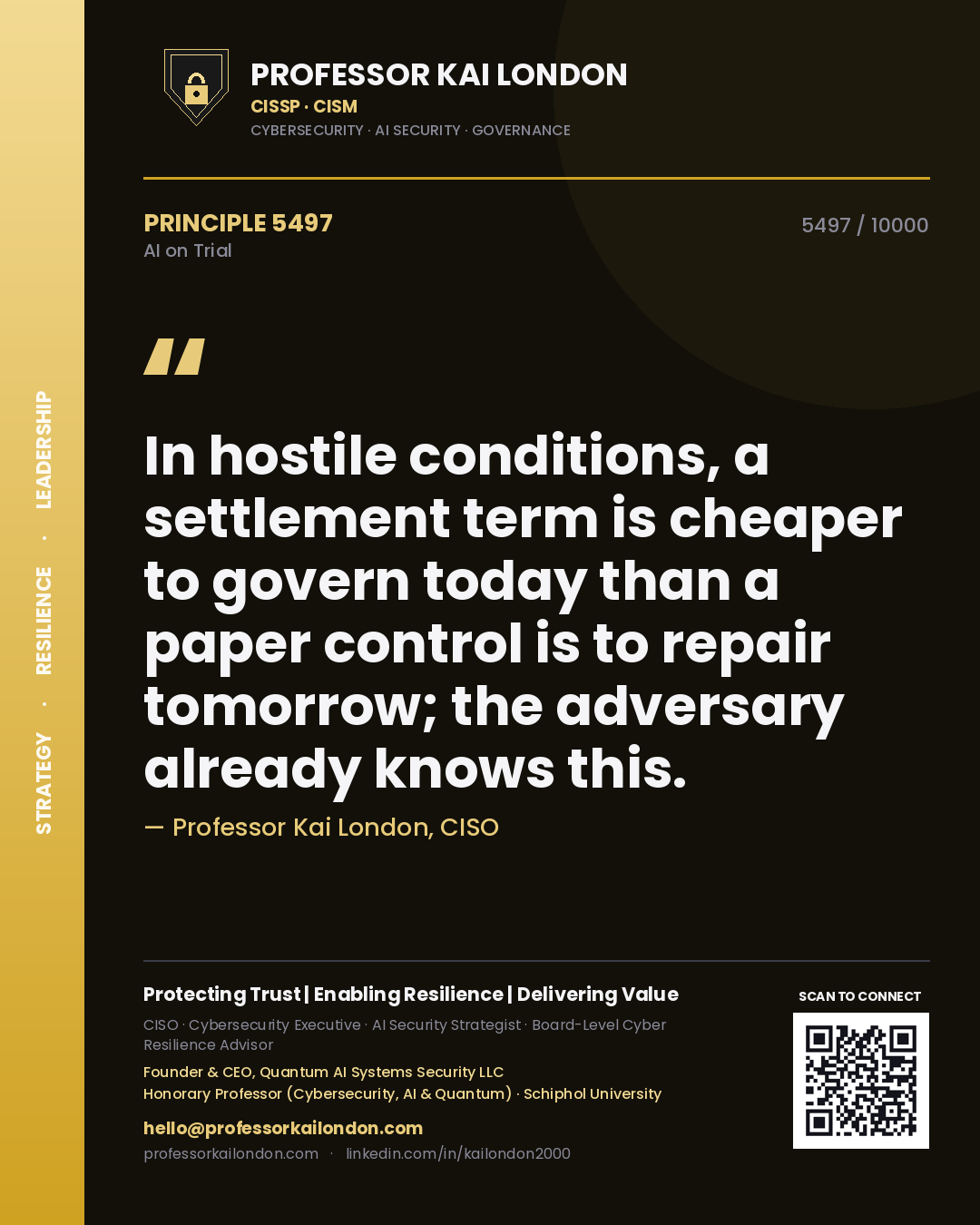 Professor Kai London principle 5497: In hostile conditions, a settlement term is cheaper to govern today than a paper control is to repair tomorrow; the adversary already knows this.