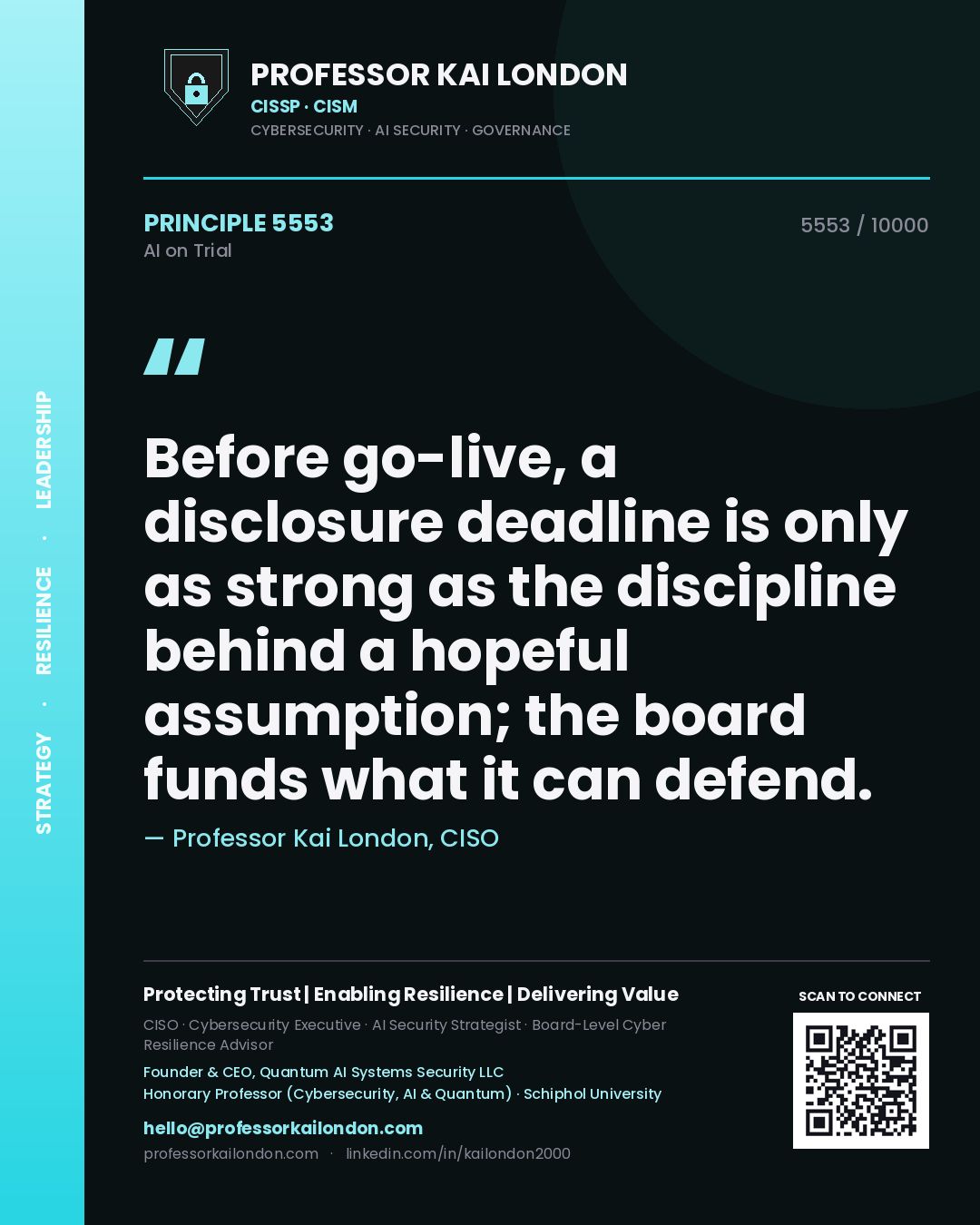 Professor Kai London principle 5553: Before go-live, a disclosure deadline is only as strong as the discipline behind a hopeful assumption; the board funds what it can defend.