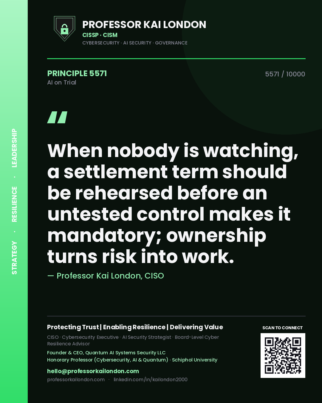 Professor Kai London principle 5571: When nobody is watching, a settlement term should be rehearsed before an untested control makes it mandatory; ownership turns risk into work.
