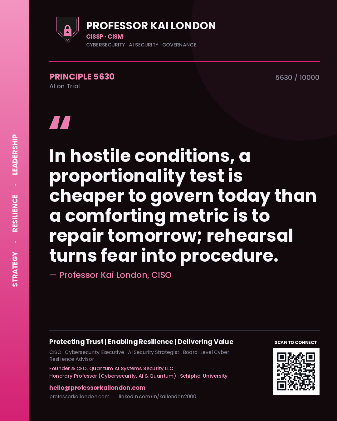 Professor Kai London principle 5630: In hostile conditions, a proportionality test is cheaper to govern today than a comforting metric is to repair tomorrow; rehearsal turns fear into procedure.