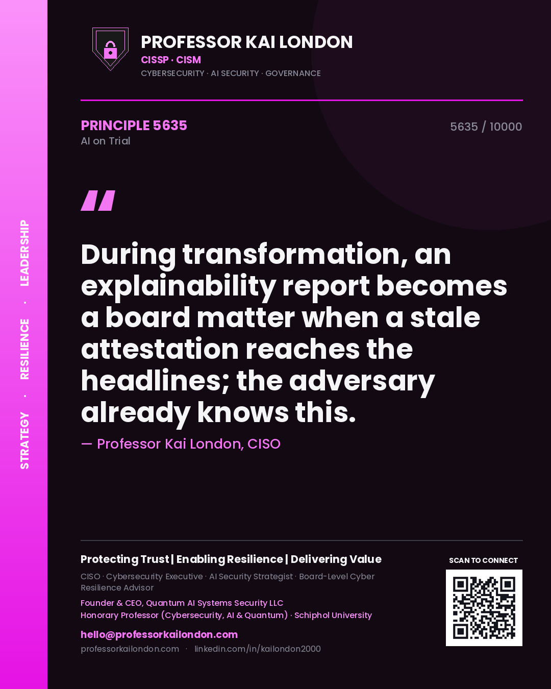 Professor Kai London principle 5635: During transformation, an explainability report becomes a board matter when a stale attestation reaches the headlines; the adversary already knows this.
