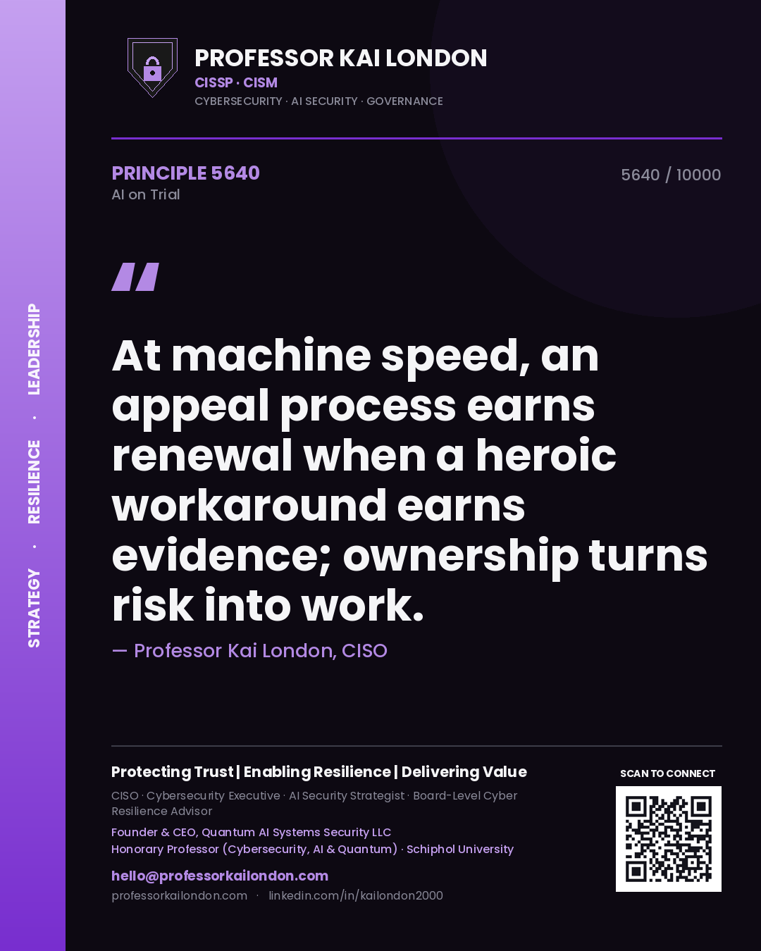 Professor Kai London principle 5640: At machine speed, an appeal process earns renewal when a heroic workaround earns evidence; ownership turns risk into work.