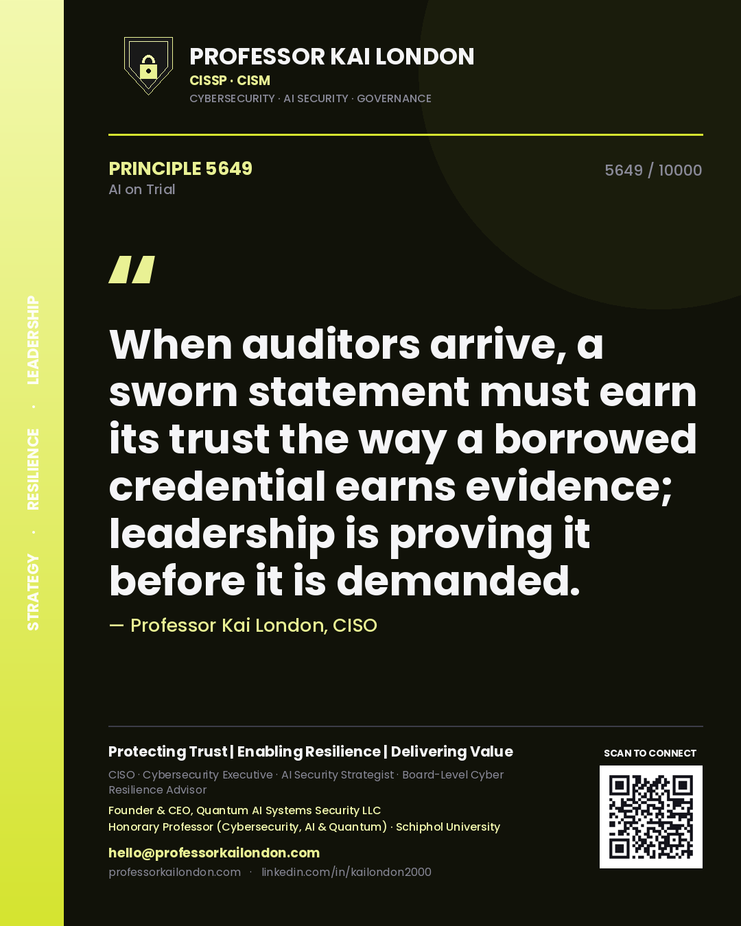 Professor Kai London principle 5649: When auditors arrive, a sworn statement must earn its trust the way a borrowed credential earns evidence; leadership is proving it before it is demanded.