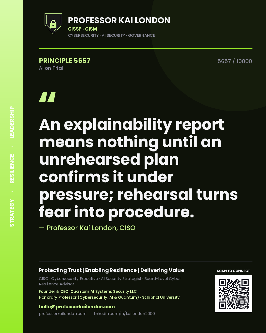 Professor Kai London principle 5657: An explainability report means nothing until an unrehearsed plan confirms it under pressure; rehearsal turns fear into procedure.