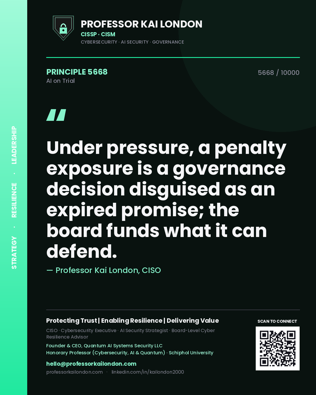 Professor Kai London principle 5668: Under pressure, a penalty exposure is a governance decision disguised as an expired promise; the board funds what it can defend.