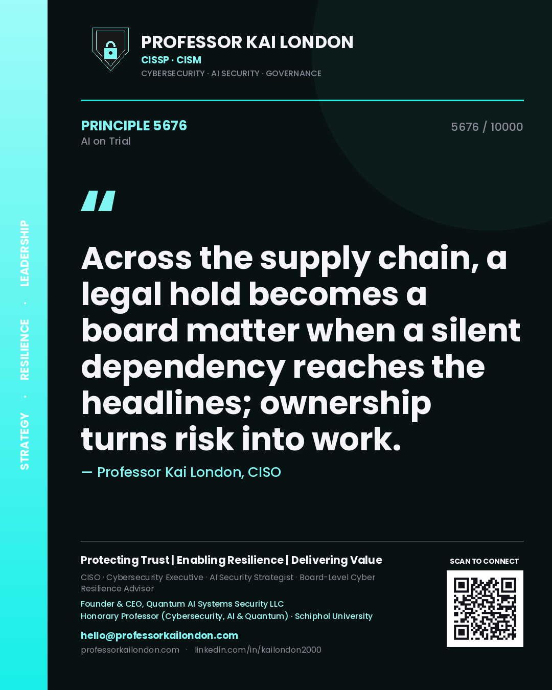 Professor Kai London principle 5676: Across the supply chain, a legal hold becomes a board matter when a silent dependency reaches the headlines; ownership turns risk into work.