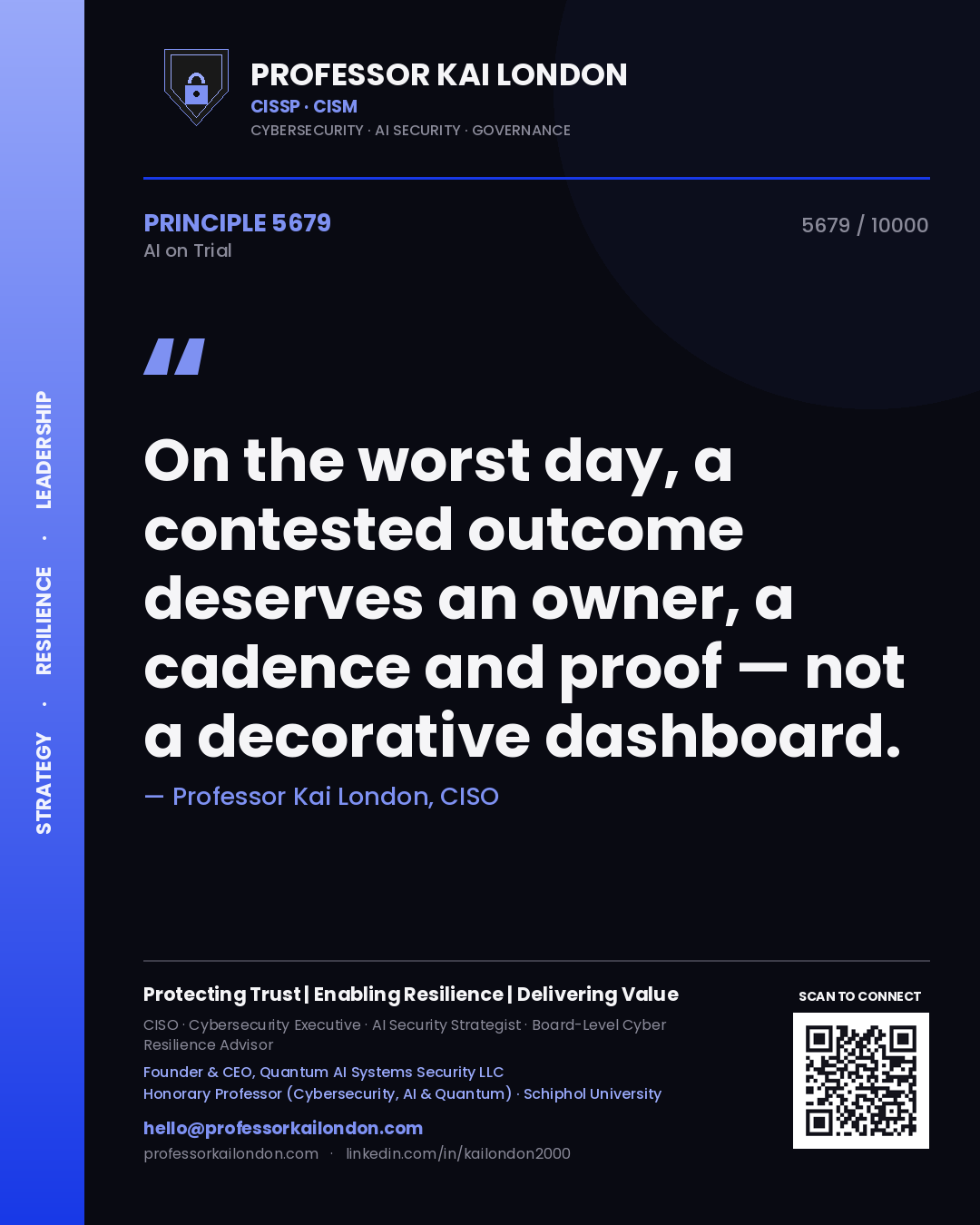 Professor Kai London principle 5679: On the worst day, a contested outcome deserves an owner, a cadence and proof — not a decorative dashboard.
