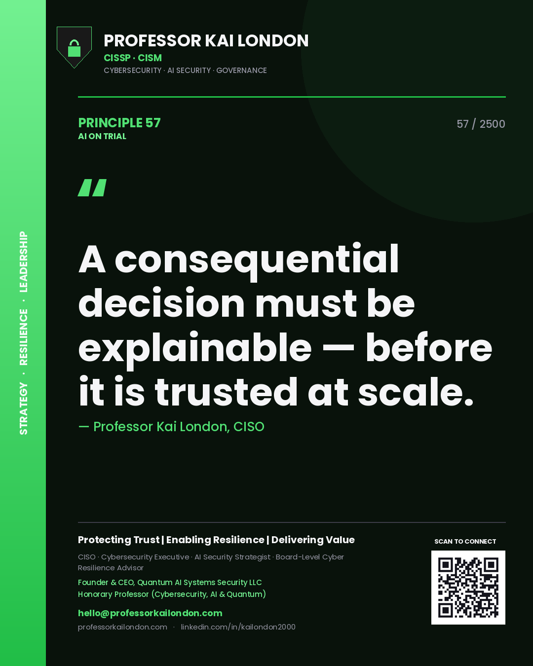 Professor Kai London principle 57: A consequential decision must be explainable — before it is trusted at scale.
