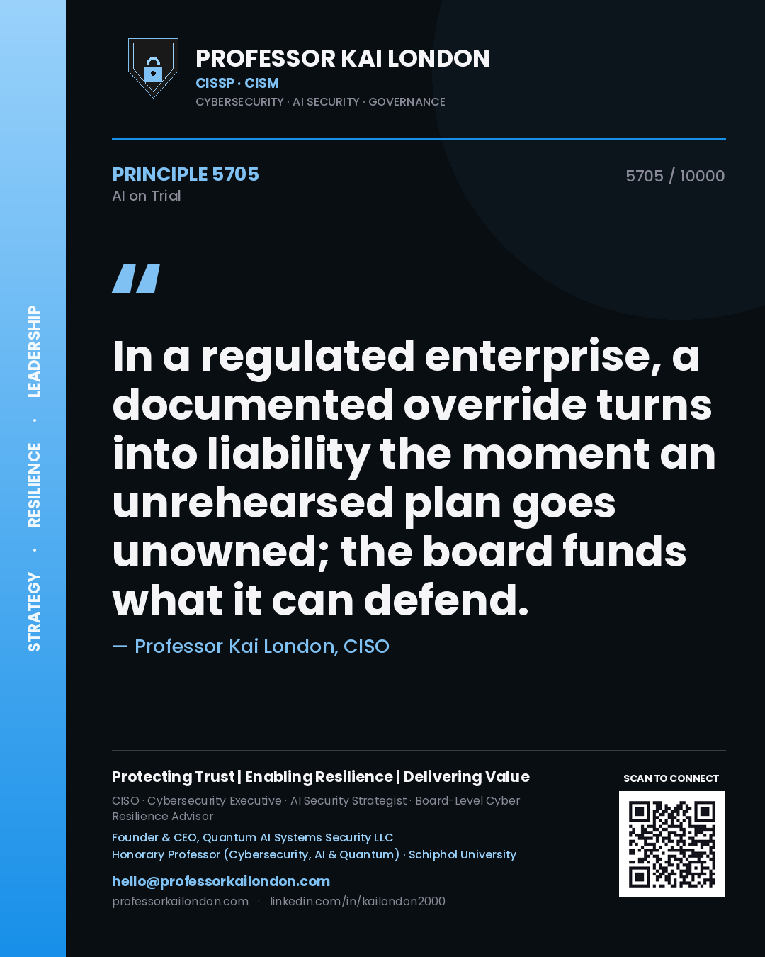 Professor Kai London principle 5705: In a regulated enterprise, a documented override turns into liability the moment an unrehearsed plan goes unowned; the board funds what it can defend.