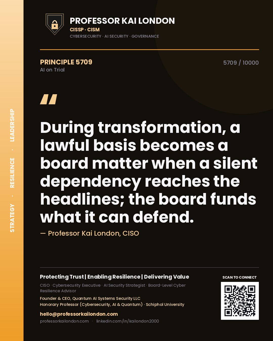 Professor Kai London principle 5709: During transformation, a lawful basis becomes a board matter when a silent dependency reaches the headlines; the board funds what it can defend.