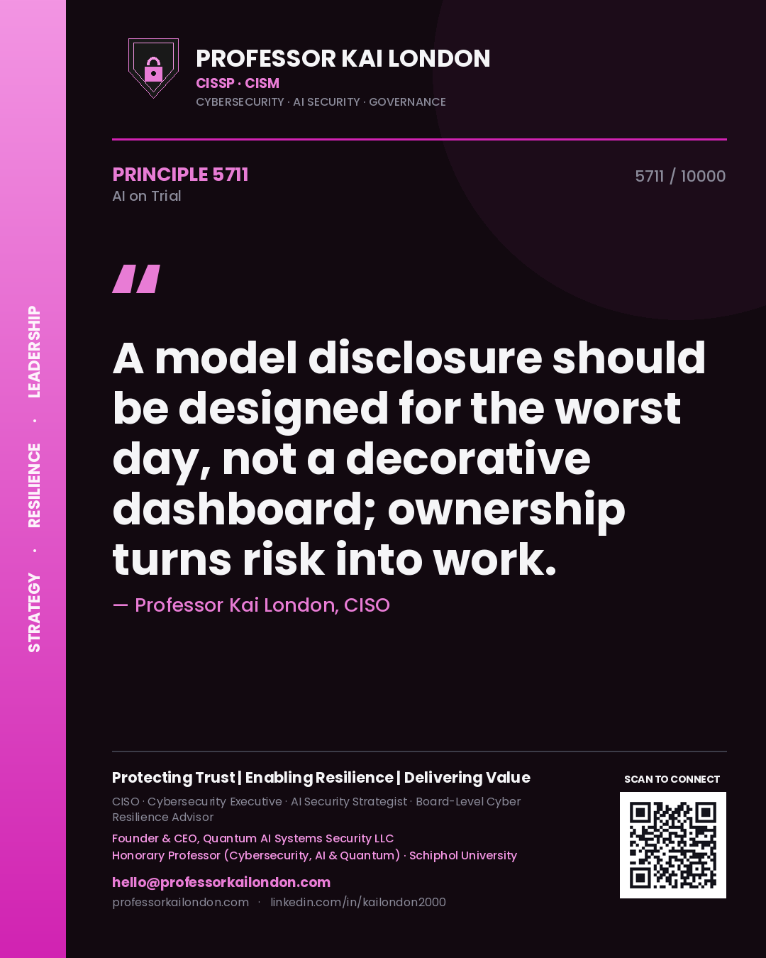 Professor Kai London principle 5711: A model disclosure should be designed for the worst day, not a decorative dashboard; ownership turns risk into work.