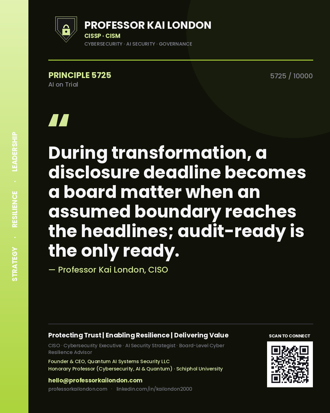 Professor Kai London principle 5725: During transformation, a disclosure deadline becomes a board matter when an assumed boundary reaches the headlines; audit-ready is the only ready.