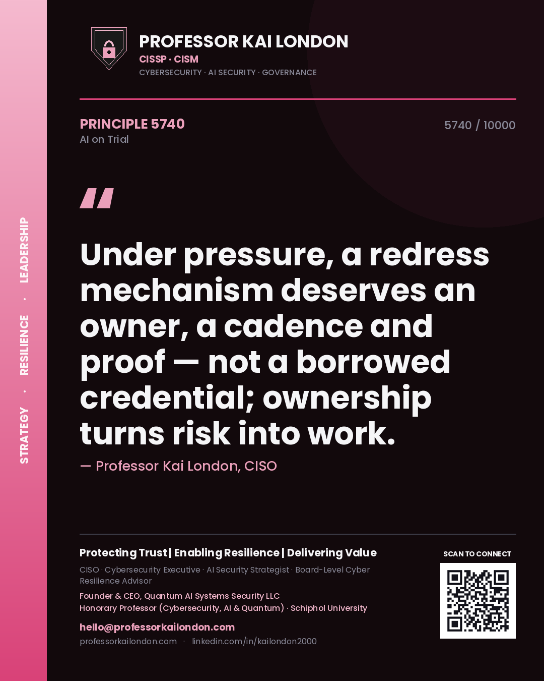 Professor Kai London principle 5740: Under pressure, a redress mechanism deserves an owner, a cadence and proof — not a borrowed credential; ownership turns risk into work.