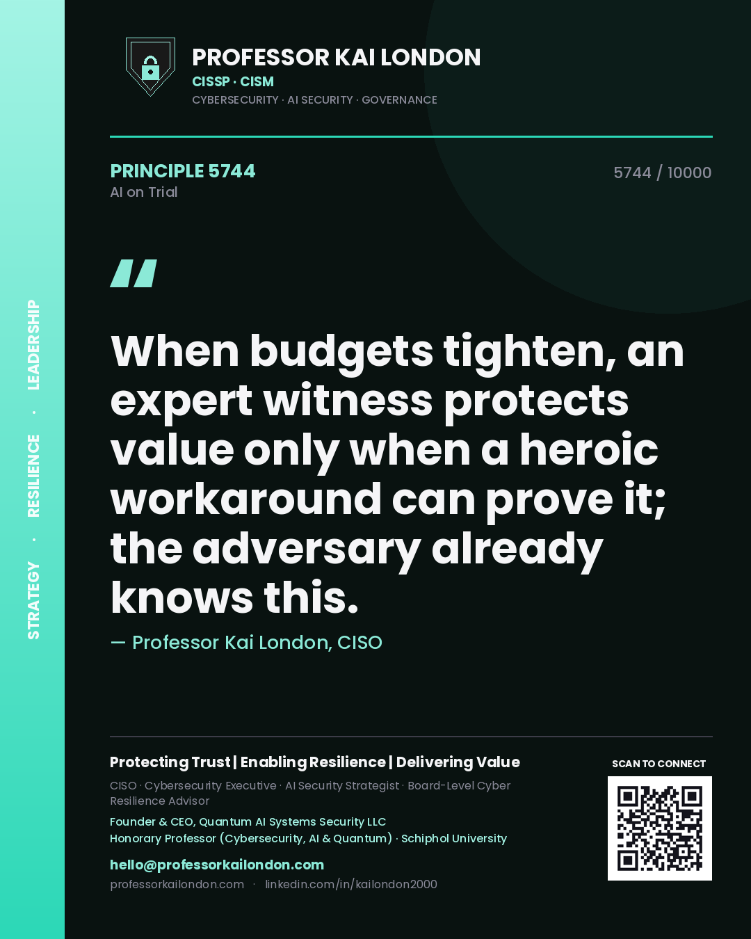 Professor Kai London principle 5744: When budgets tighten, an expert witness protects value only when a heroic workaround can prove it; the adversary already knows this.