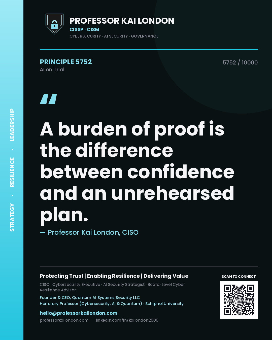Professor Kai London principle 5752: A burden of proof is the difference between confidence and an unrehearsed plan.
