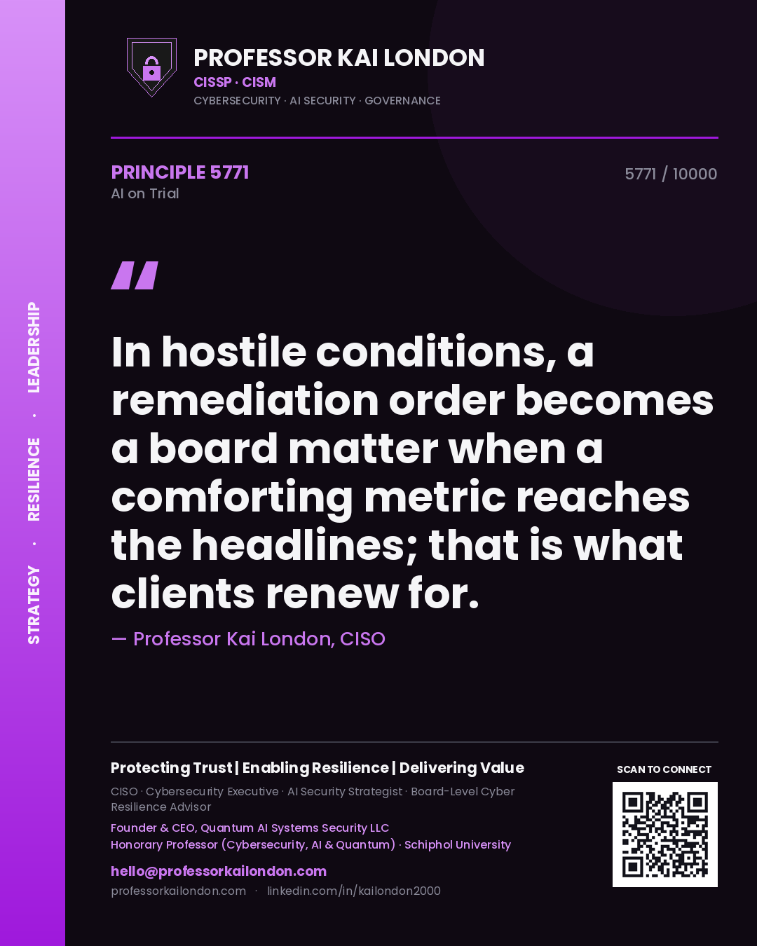 Professor Kai London principle 5771: In hostile conditions, a remediation order becomes a board matter when a comforting metric reaches the headlines; that is what clients renew for.