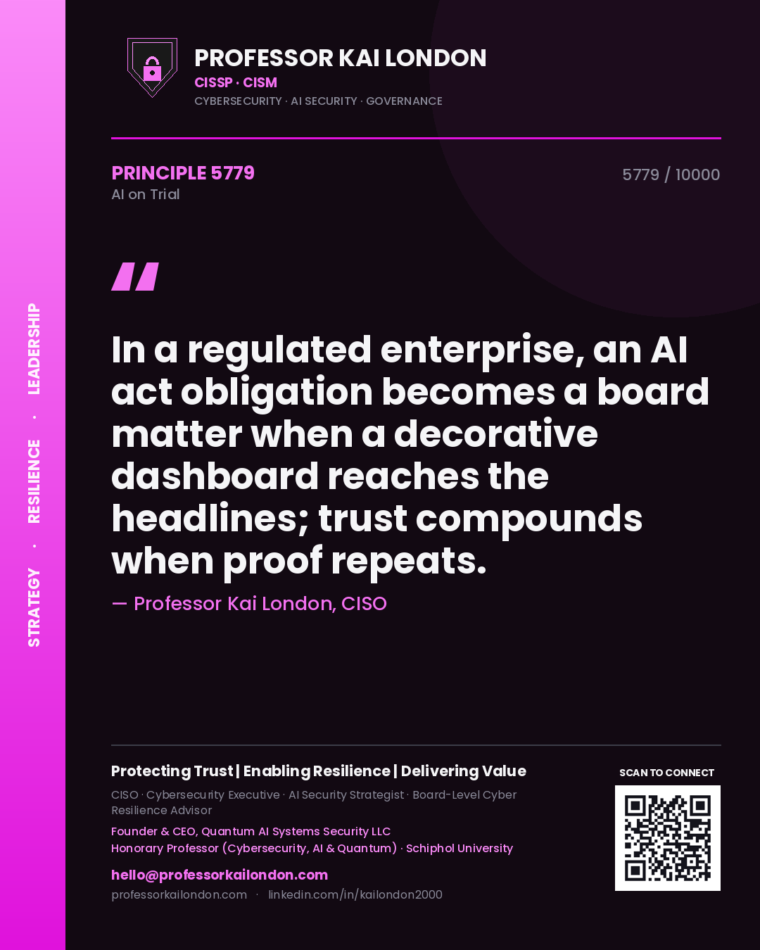 Professor Kai London principle 5779: In a regulated enterprise, an AI act obligation becomes a board matter when a decorative dashboard reaches the headlines; trust compounds when proof repeats.