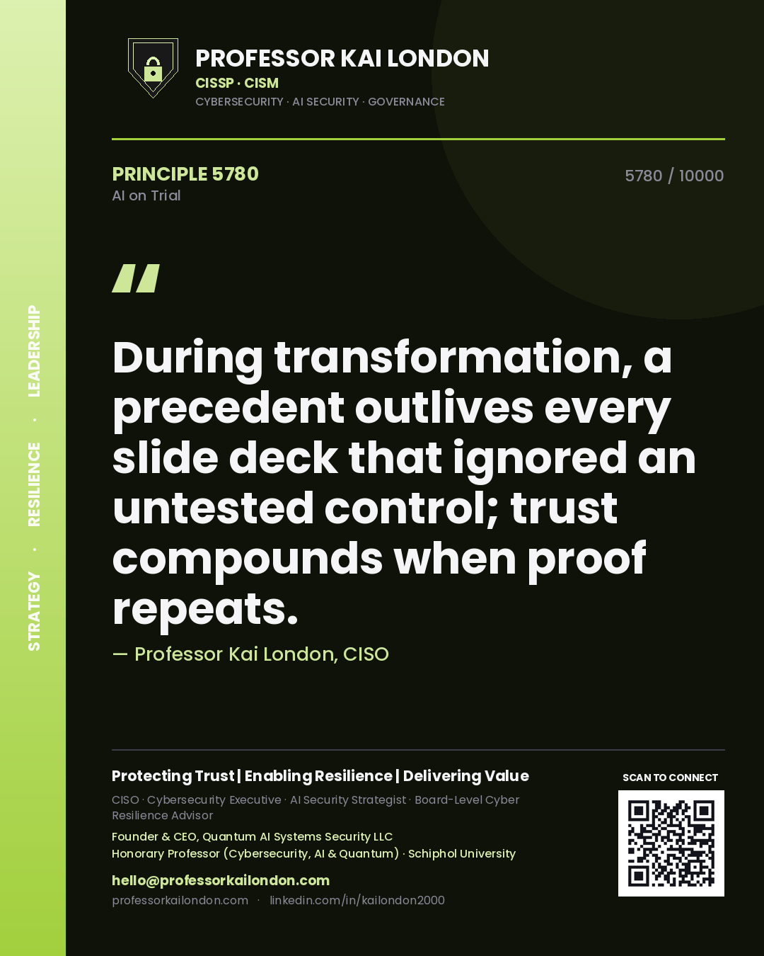 Professor Kai London principle 5780: During transformation, a precedent outlives every slide deck that ignored an untested control; trust compounds when proof repeats.